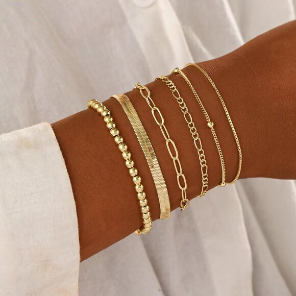 Gold Bracelet Set for Women Beaded Layered Link Herringbone Adjustable Jewelry - Picture 4 of 7